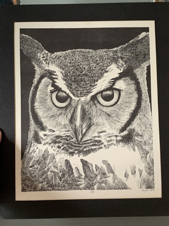 Greg Merrill Signed Numbered 42/100 Dated 1981 Sketch OWL PRINT Black Matte - Picture 1 of 8